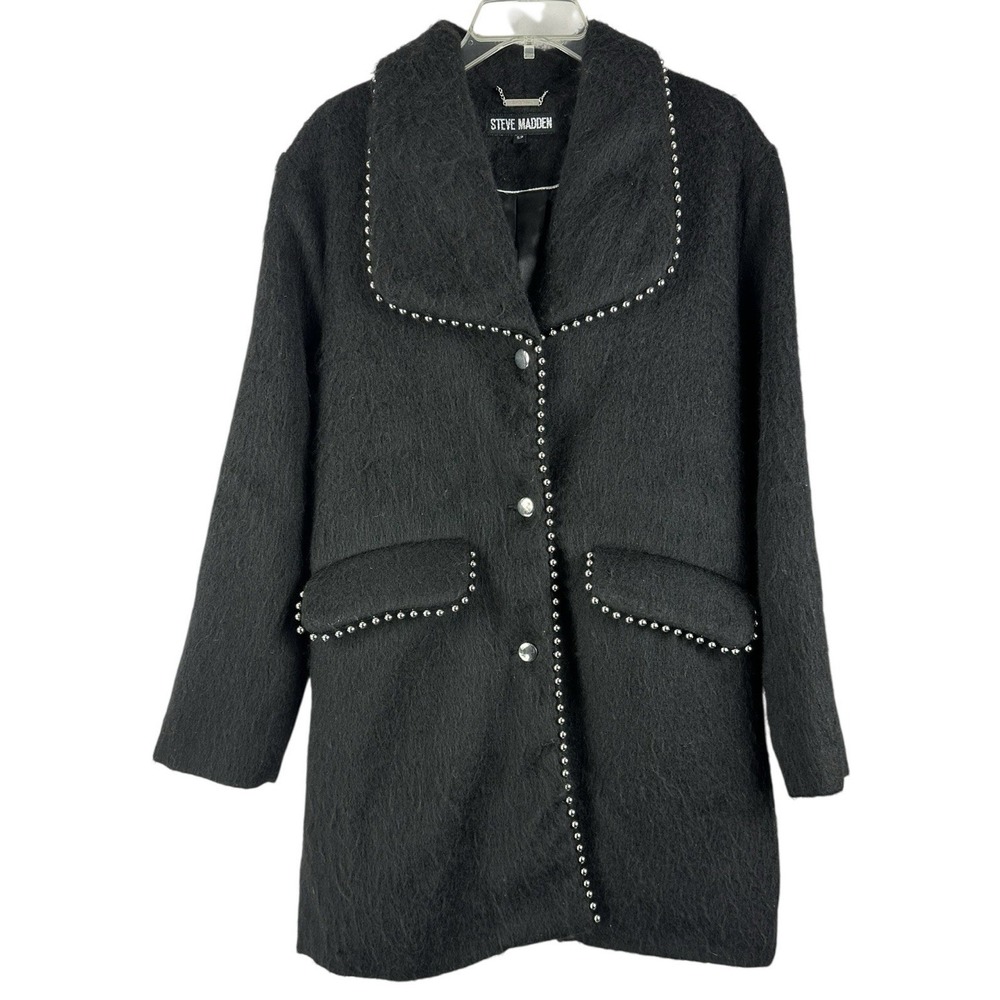 Steve Madden Black Coat Jacket Faux Fur Mid-Length Sz S Studded Rocker Metal